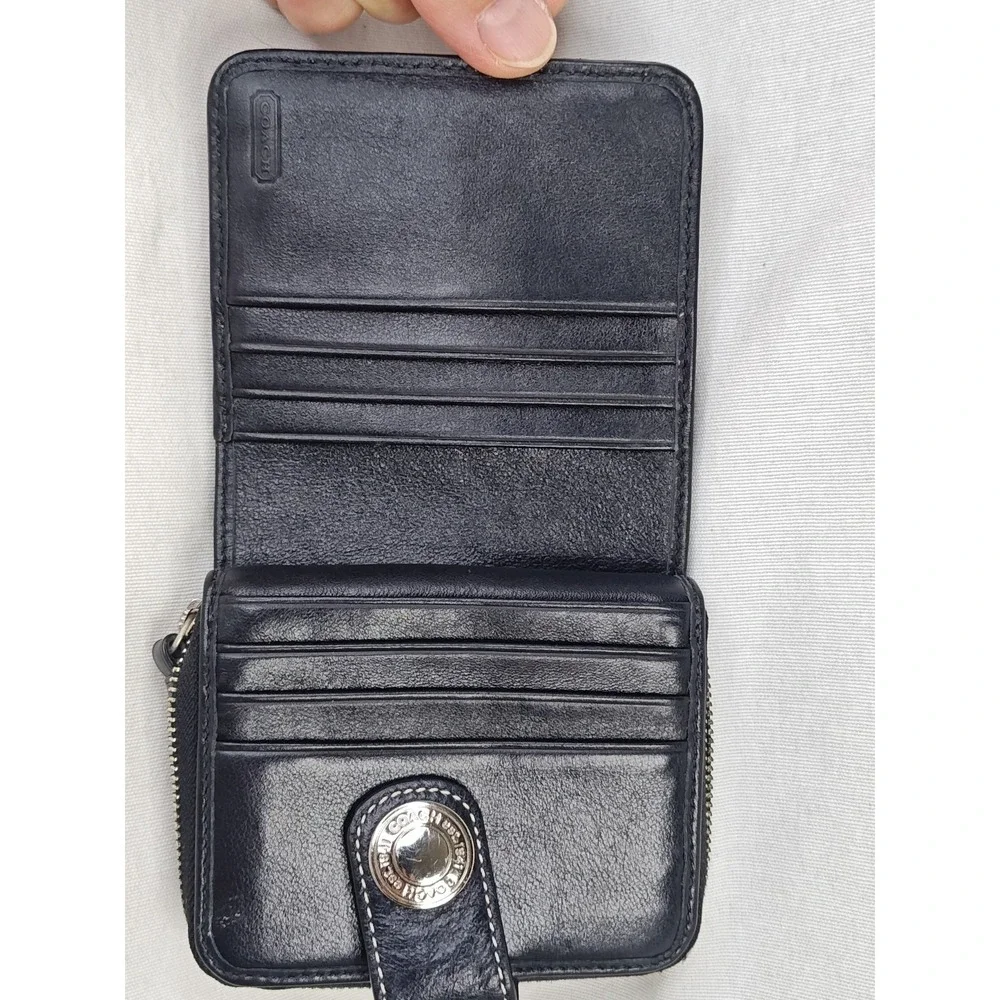 COACH 40751 Legacy Signature Stripe Bifold Compact Wallet Glitter Black Canvas